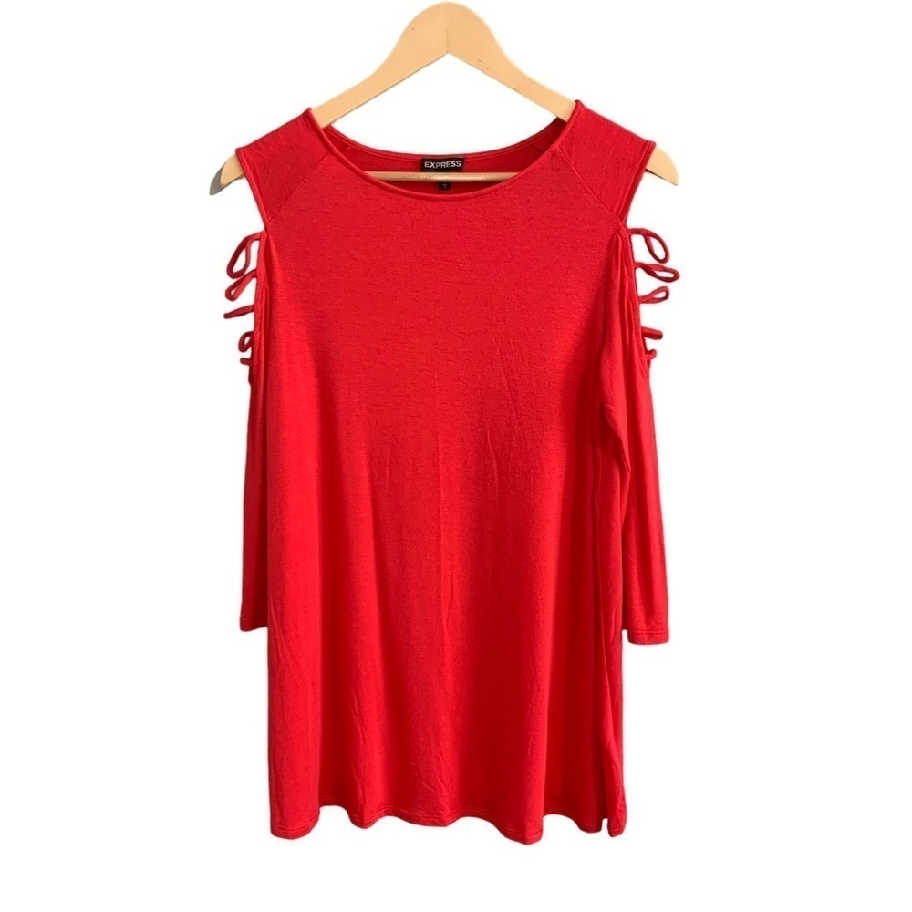 EXPRESS Red Tunic Shirt Lattice Open Cut Out Long Sleeves Scoop Neck Women Large